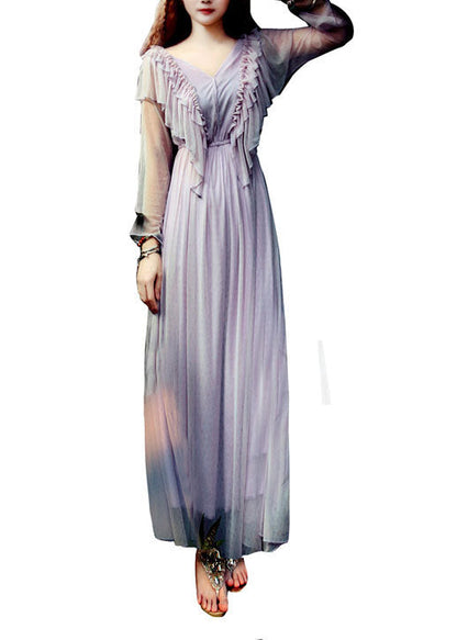 Light Purple V Neck Ruffles Tulle Long Dress Spring