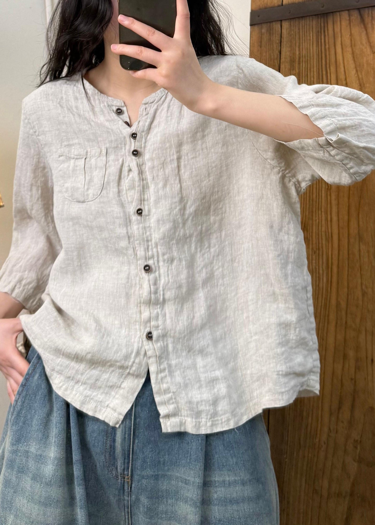 Linen Color O Neck Button Cotton Blouses Fall