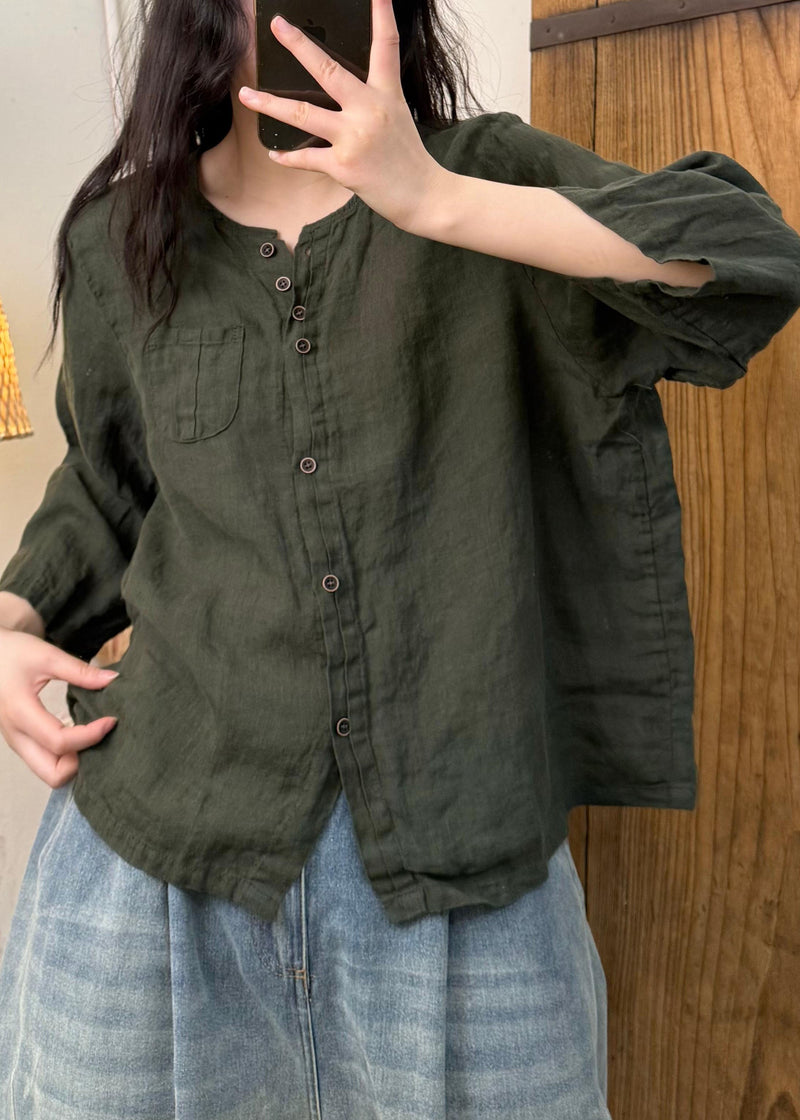 Linen Color O Neck Button Cotton Blouses Fall