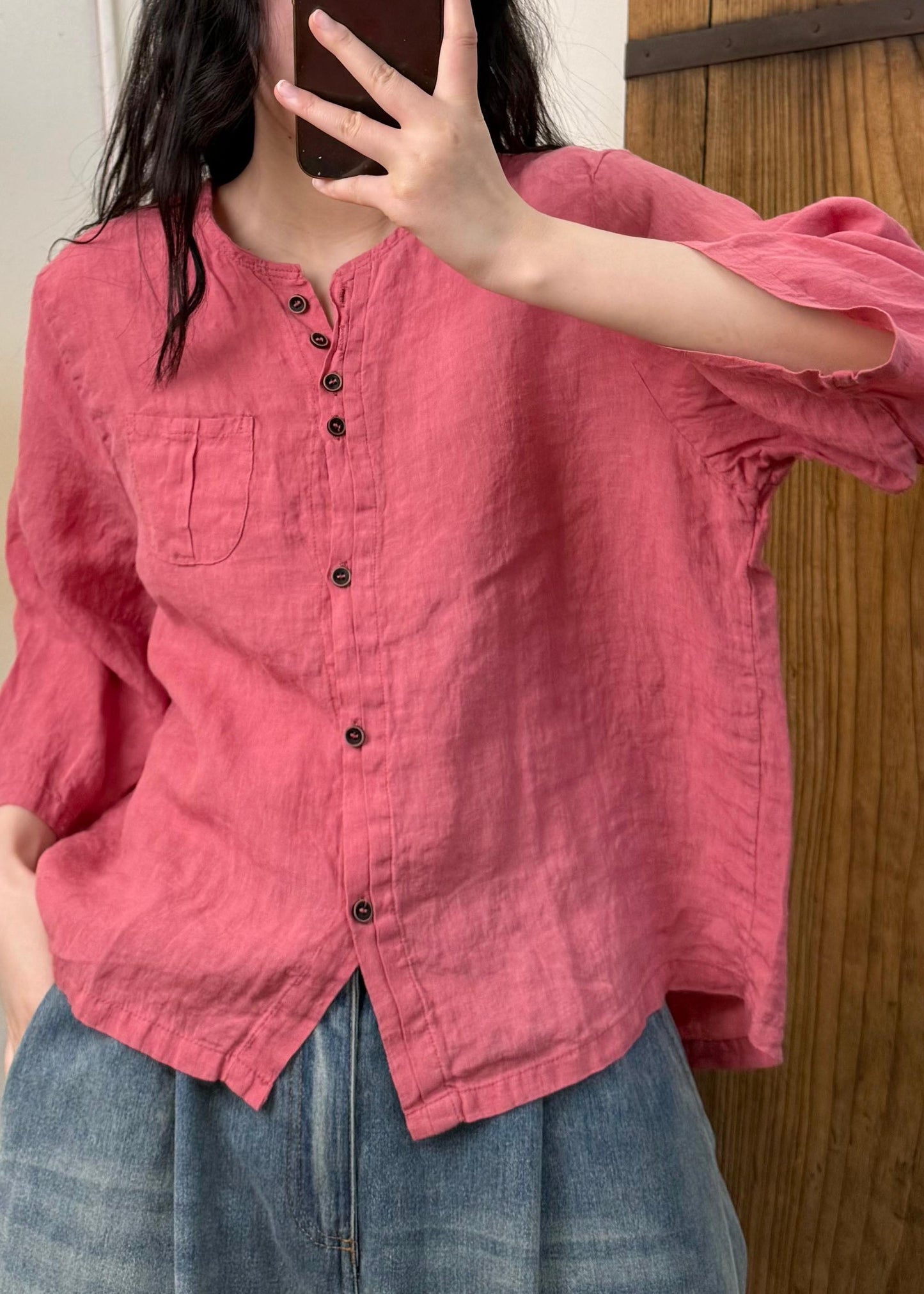 Linen Color O Neck Button Cotton Blouses Fall
