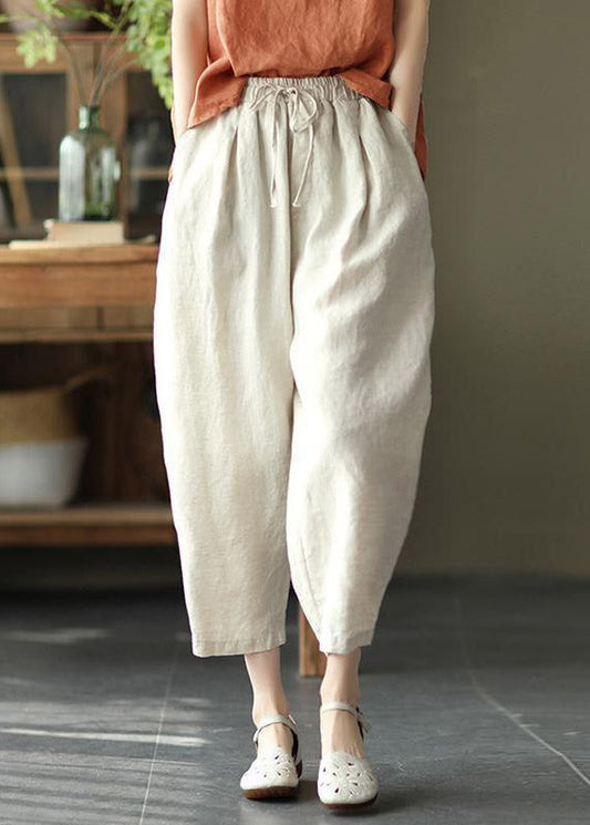 Linen Colour Drawstring Pockets Elastic Waist Linen Crop Pants Summer