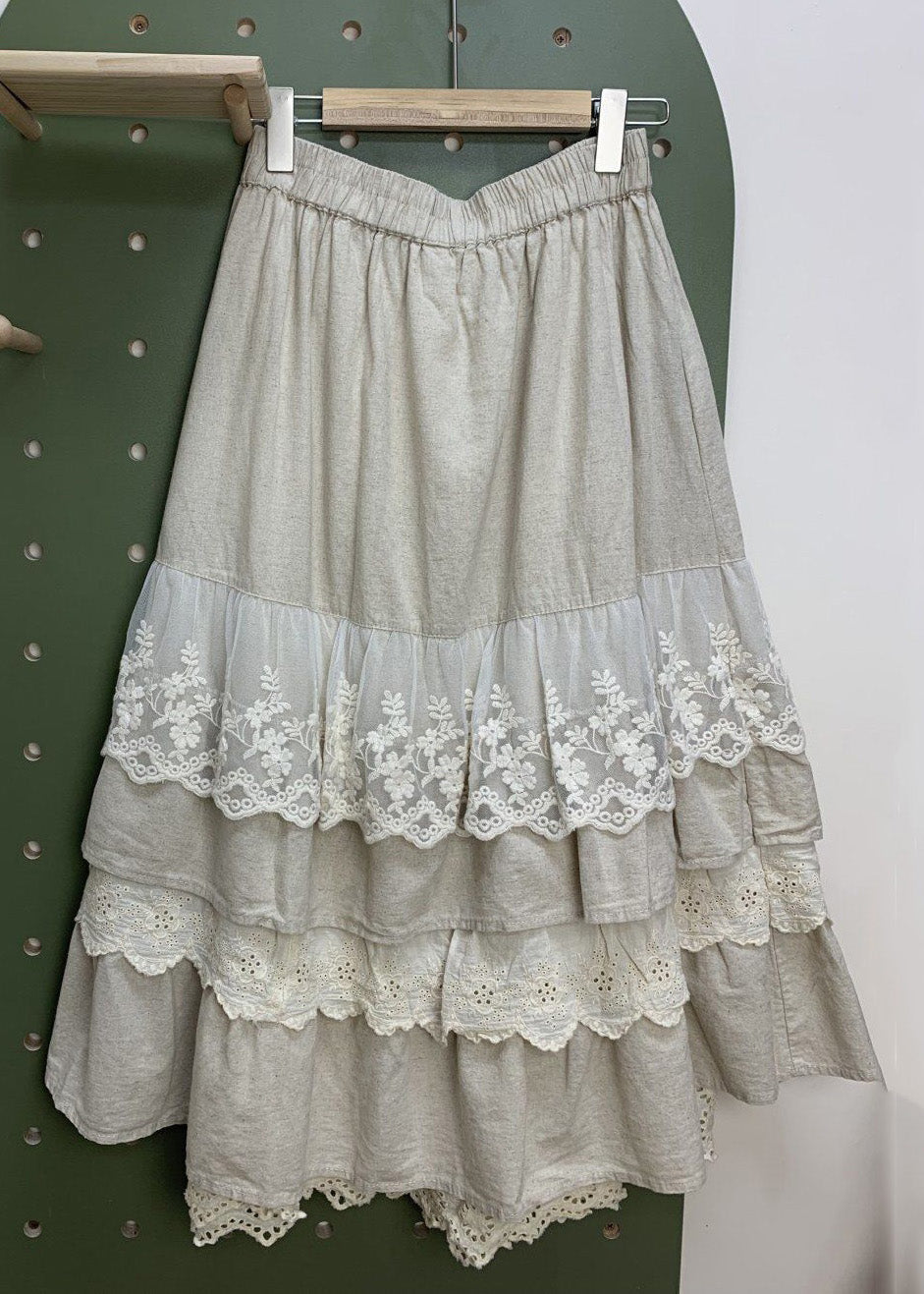 Linen Elastic Waist Lace Patchwork Linen Skirts Spring