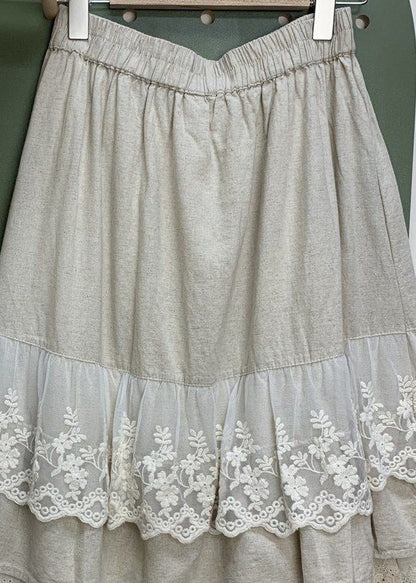 Linen Elastic Waist Lace Patchwork Linen Skirts Spring
