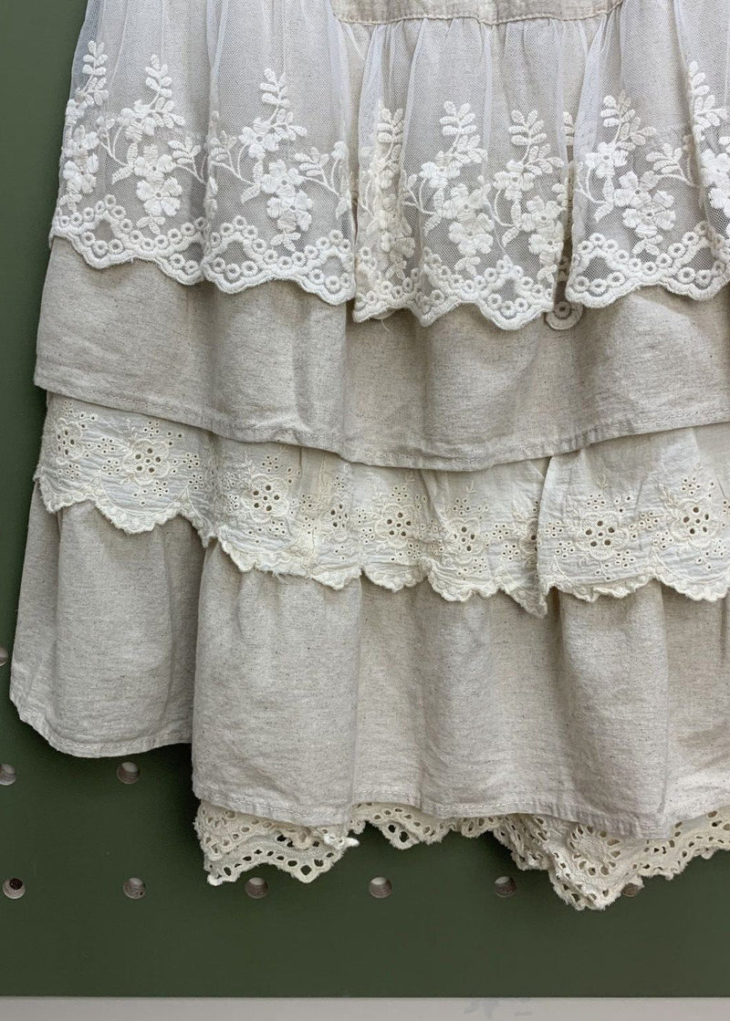 Linen Elastic Waist Lace Patchwork Linen Skirts Spring