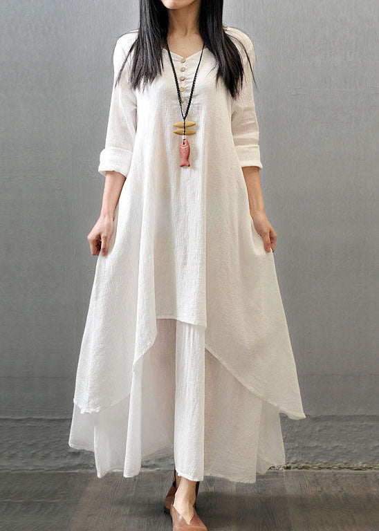 Long Sleeve Double Layers Button Asymmetric White Bamboo Maxi Dress