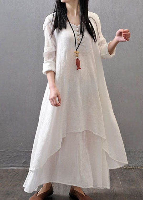 Long Sleeve Double Layers Button Asymmetric White Bamboo Maxi Dress