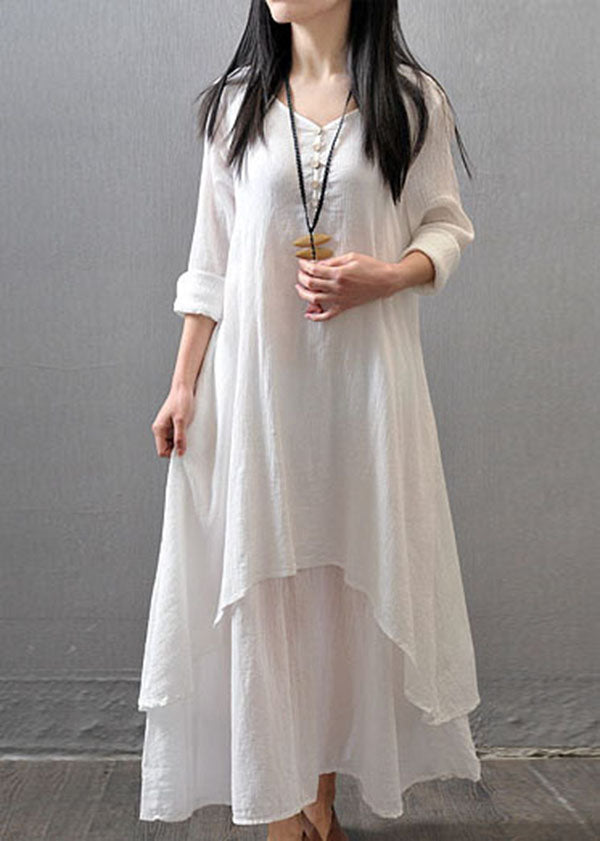 Long Sleeve Double Layers Button Asymmetric White Bamboo Maxi Dress