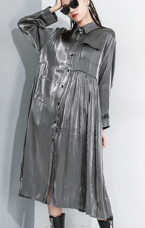 Long Sleeve Lapel Collar Loose Oversize Midi Dresses