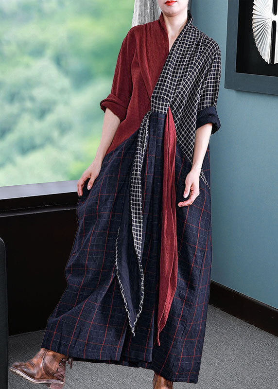 Long Sleeve V-neck Loose Plaid Patchwork Maxi Dress