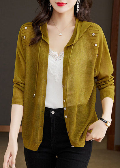 Matcha Colour Drawstring Hooded Ice Size Knit Cardigans Long Sleeve