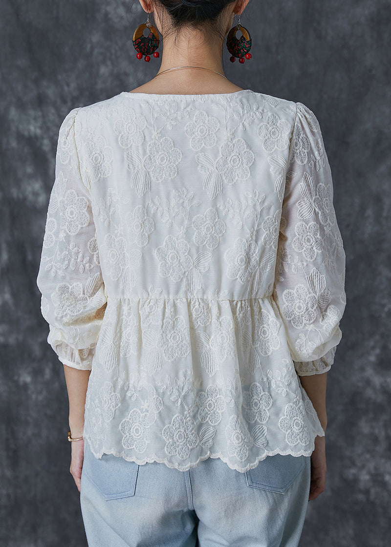Milk White V Neck Embroidered Cotton Shirt Summer