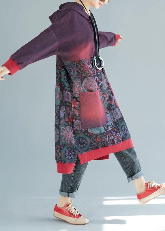 Mulberry Hooded Pockets Patchwork Print Fall Sweatshirts Dress