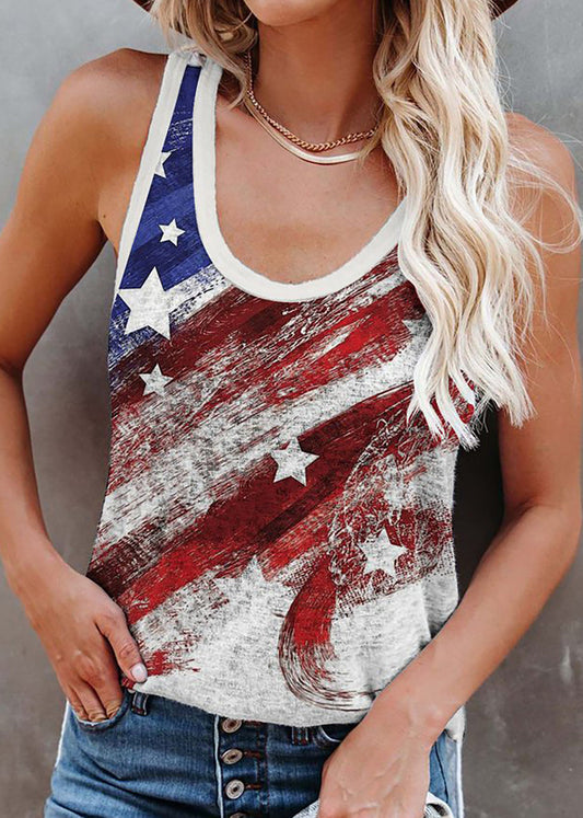 Mulberry O-neck Independence Day Print Cotton Strap Tanks Sleeveless