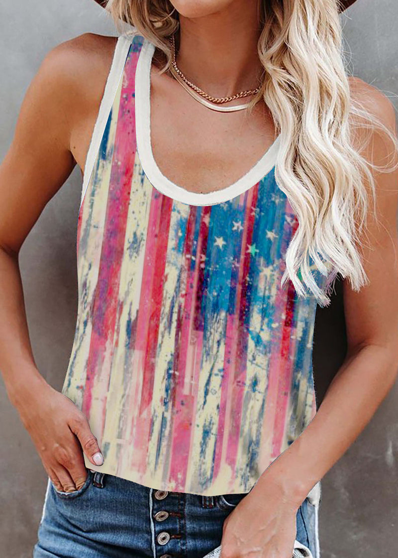 Mulberry O-neck Independence Day Print Cotton Strap Tanks Sleeveless