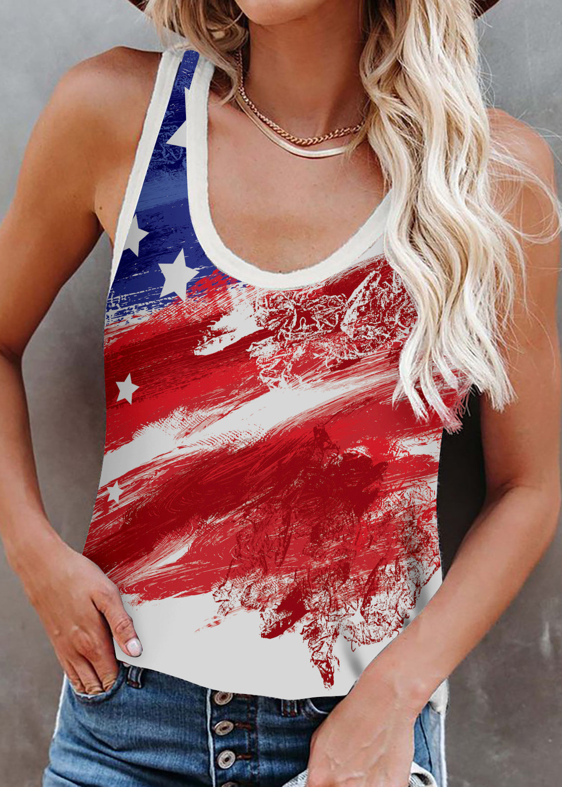 Mulberry O-neck Independence Day Print Cotton Strap Tanks Sleeveless