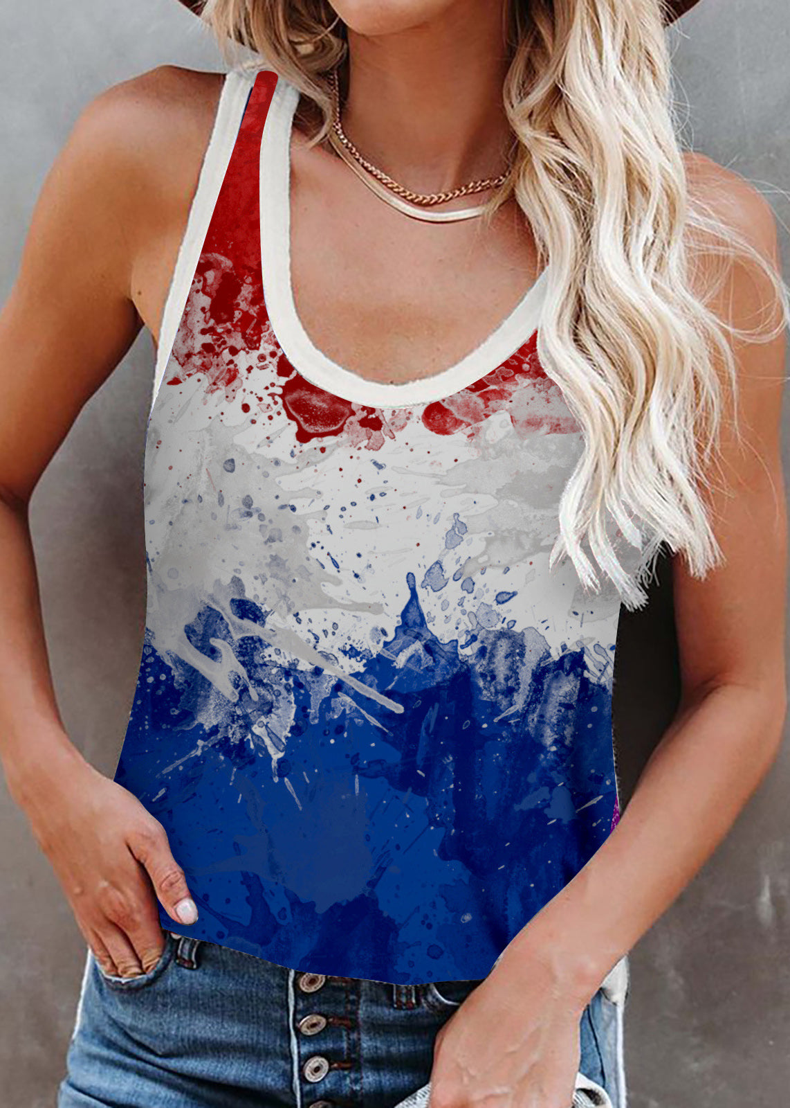 Mulberry O-neck Independence Day Print Cotton Strap Tanks Sleeveless