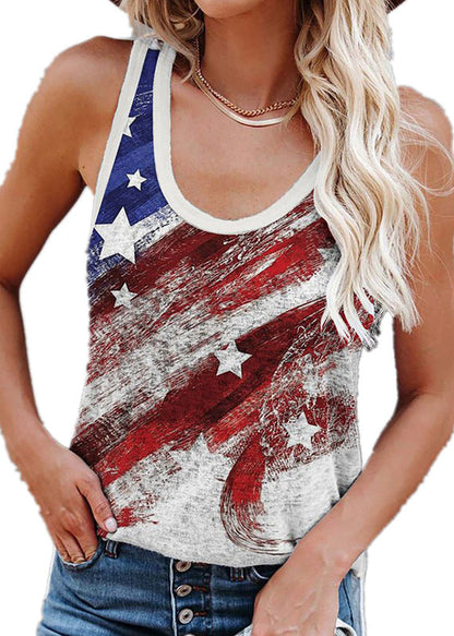 Mulberry O-neck Independence Day Print Cotton Strap Tanks Sleeveless
