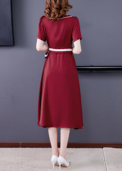Mulberry O-neck Tie Waist Exra Large Hem Silk Long Dress Short Sleeve