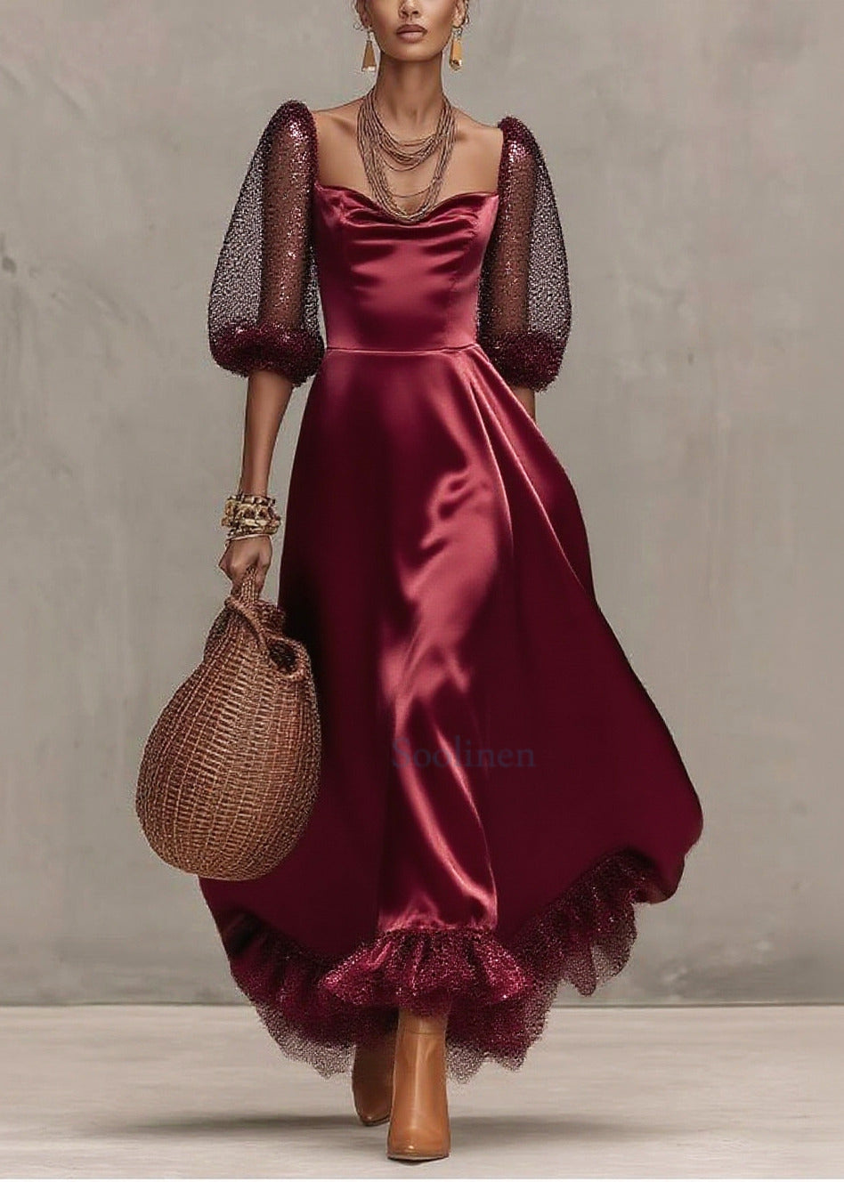 Mulberry Patchwork Exra Large Hem Tulle Dinner Dress Lantern Sleeve