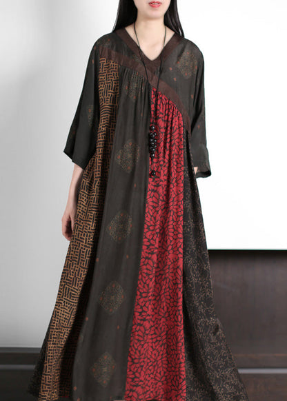 Mulberry Print Wrinkled Silk Long Dresses Summer