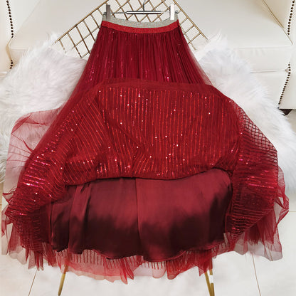 Mulberry Sequins Tulle Cinched Skirts Summer