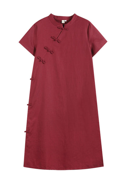 Mulberry Mandarin Collar Oriental Button Side Open Cotton Linen Dresses Short Sleeve
