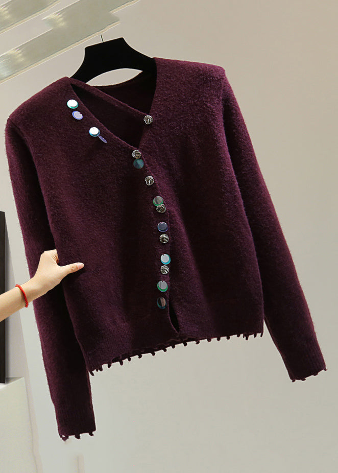 Mulberry V Neck Asymmetrical Sequins Cotton Knit Sweaters Winter