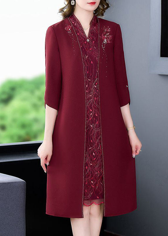 Mulberry V Neck Embroideried Silk Fake Two Piece Dress Bracelet Sleeve