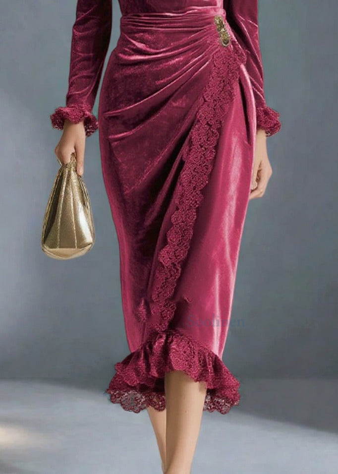 Mulberry V Neck Lace Patchwork Silk Velvet Party Dress Spring