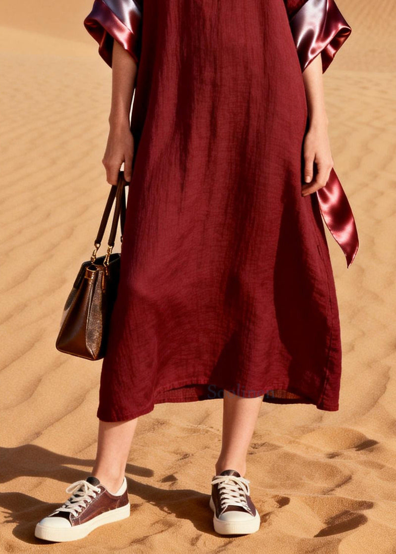 Mulberry V Neck Patchwork Cotton Long Dresses Summer