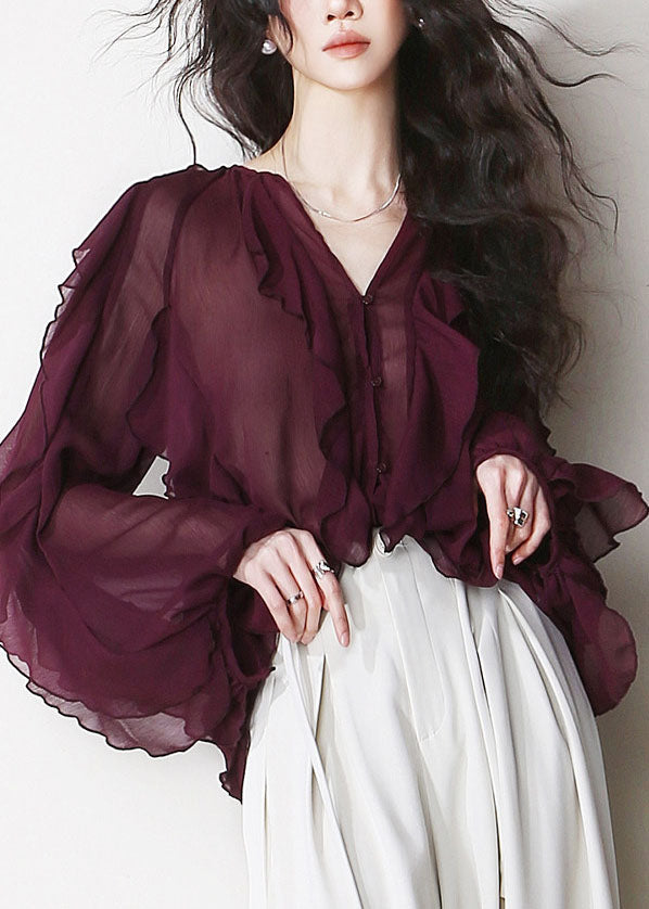 Women Mulberry V Neck Ruffled Patchwork Chiffon Blouses Summer