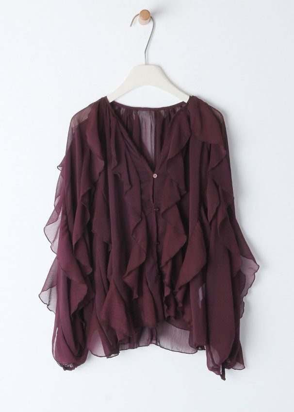 Mulberry V Neck Ruffled Patchwork Chiffon Blouses Summer