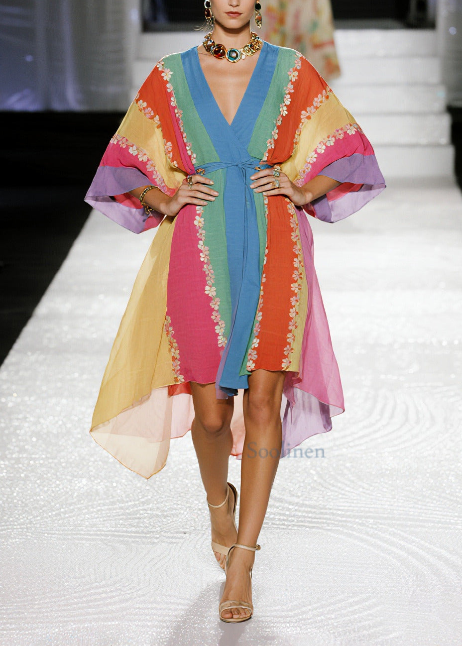 Multicolored Striped Flower Cotton Tunic Dress Summer