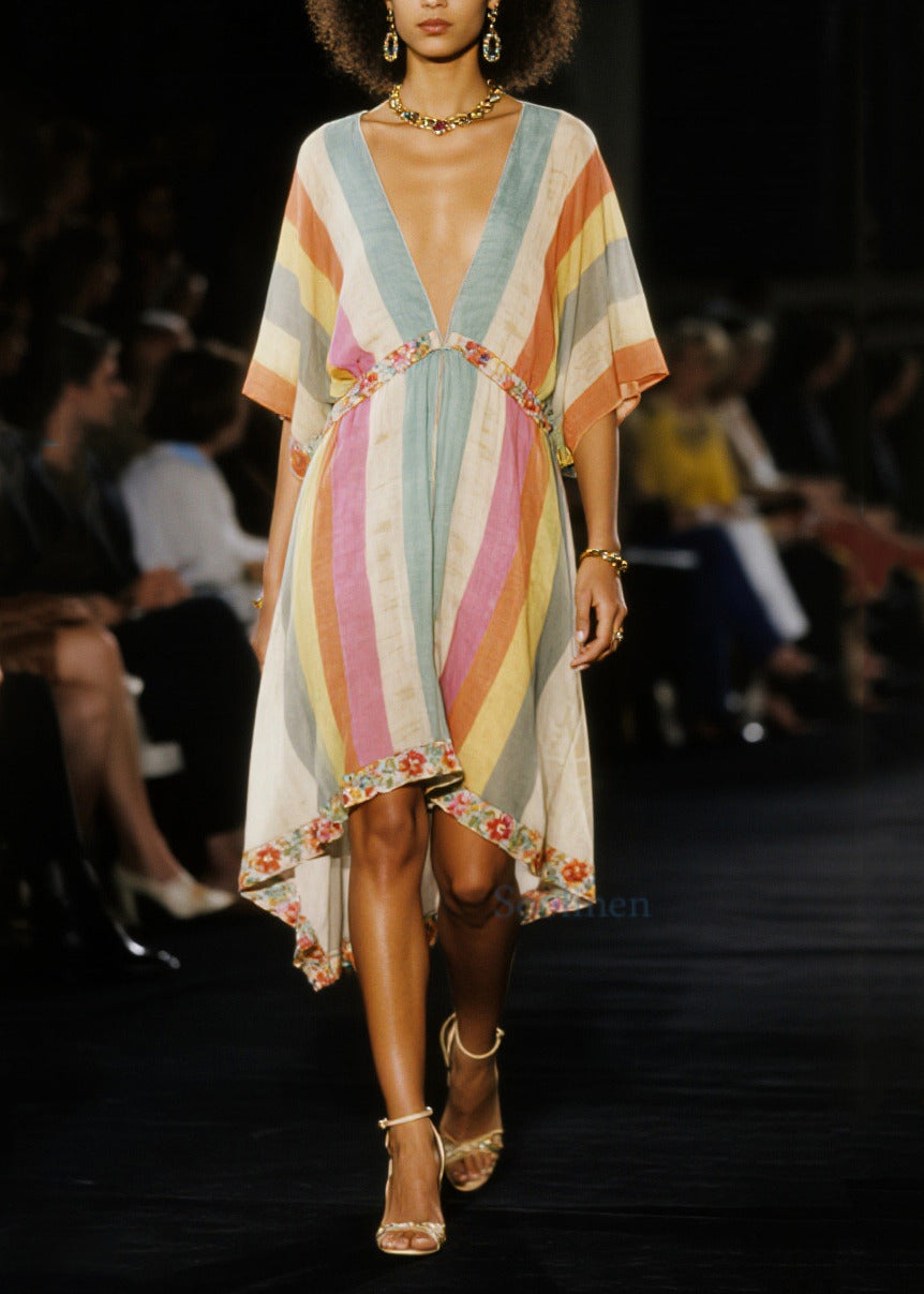 Multicolored V Neck Patchwork Cotton Mid Dress Summer