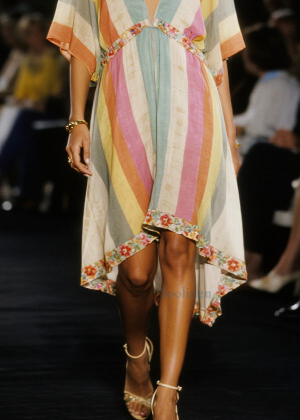 Multicolored V Neck Patchwork Cotton Mid Dress Summer