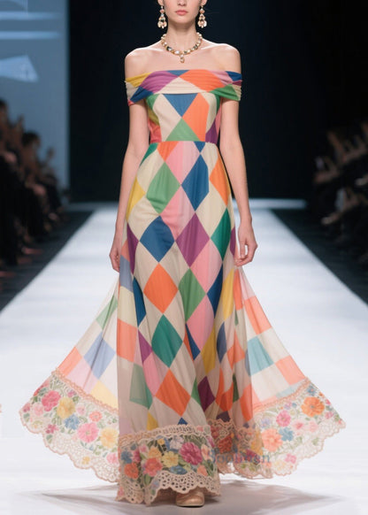 Multicolour Plaid Patchwork Lace Chiffon Strapless Dresses Summer