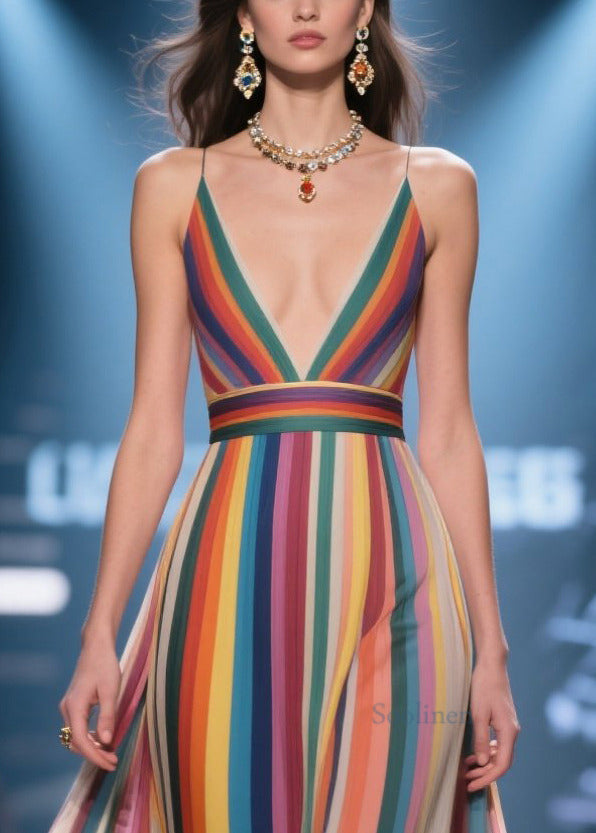 Multicolour Striped Flower Decorated Chiffon Evening Dress Summer