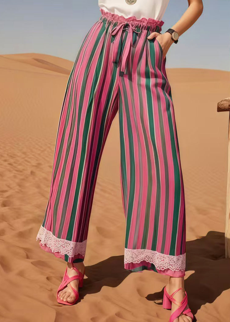 Multicolour Striped Patchwork Lace Straight Pants Summer