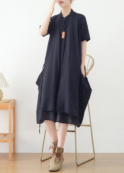 Navy Asymmetrical Design Button Linen Dress Short Sleeve