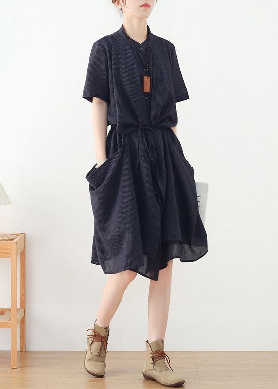 Navy Asymmetrical Design Button Linen Dress Short Sleeve