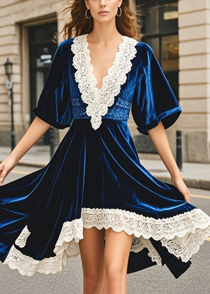 Navy Asymmetrical Patchwork Silk Velvet Dresses Summer