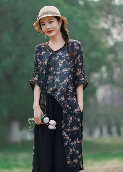 Navy Asymmetrical Print Patchwork Linen Tops Summer