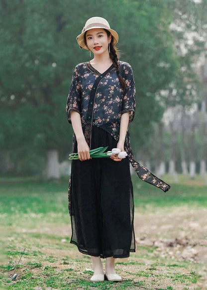 Navy Asymmetrical Print Patchwork Linen Tops Summer