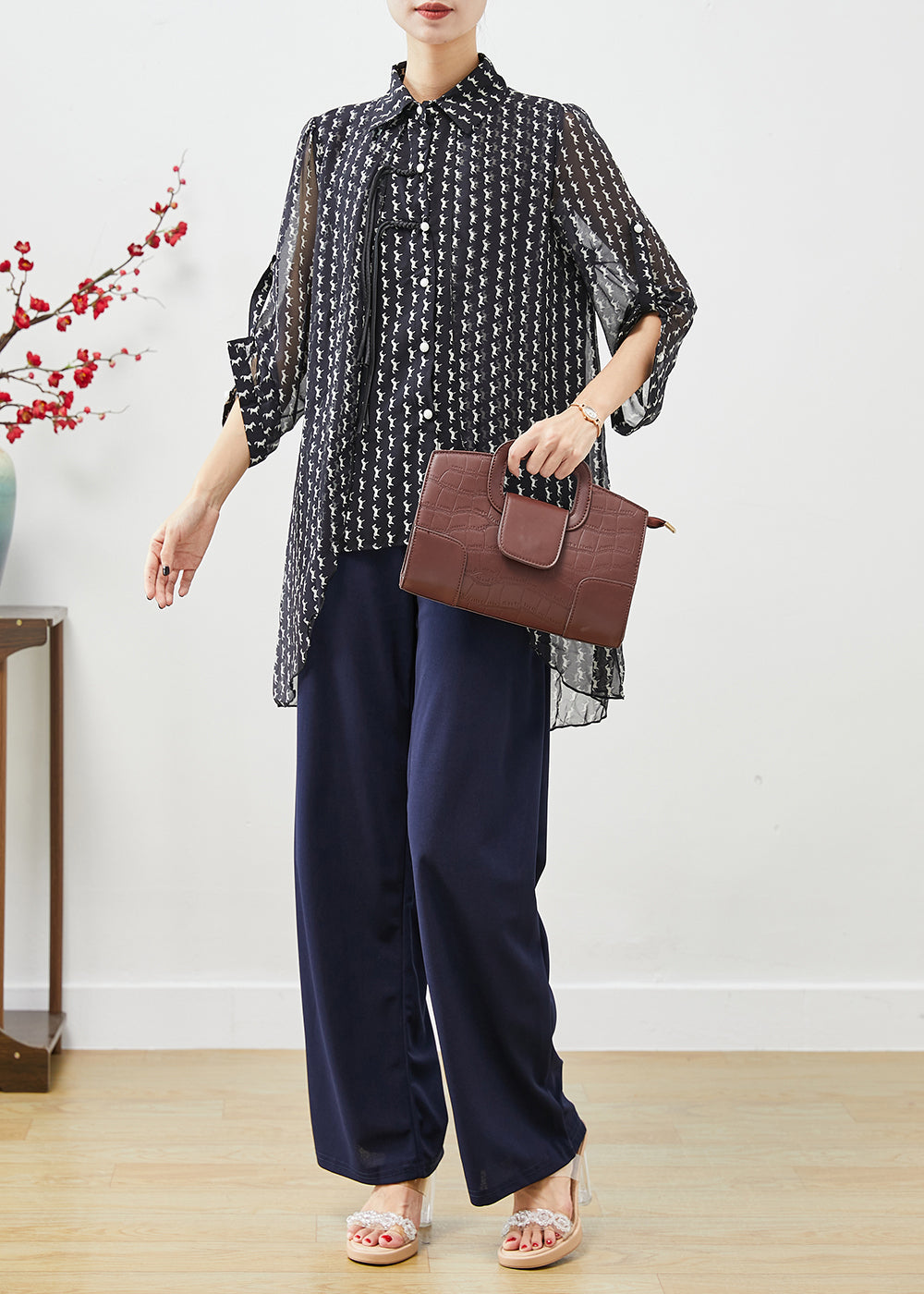 Navy Asymmetrical Tasseled Print Chiffon Top Summer