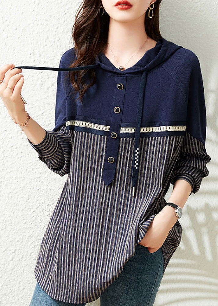 Navy Blue Patchwork Drawstring Cotton Hooded Tops Long Sleeve