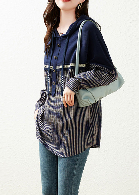 Navy Blue Patchwork Drawstring Cotton Hooded Tops Long Sleeve