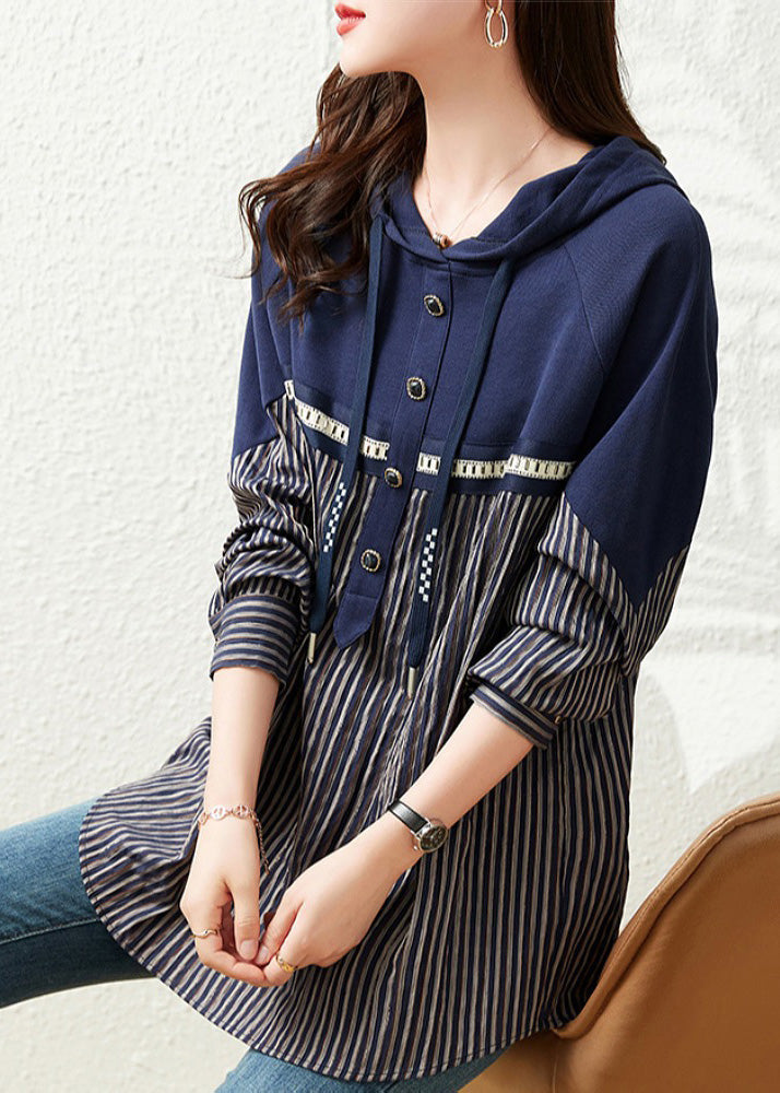 Navy Blue Patchwork Drawstring Cotton Hooded Tops Long Sleeve