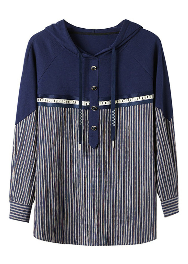 Navy Blue Patchwork Drawstring Cotton Hooded Tops Long Sleeve