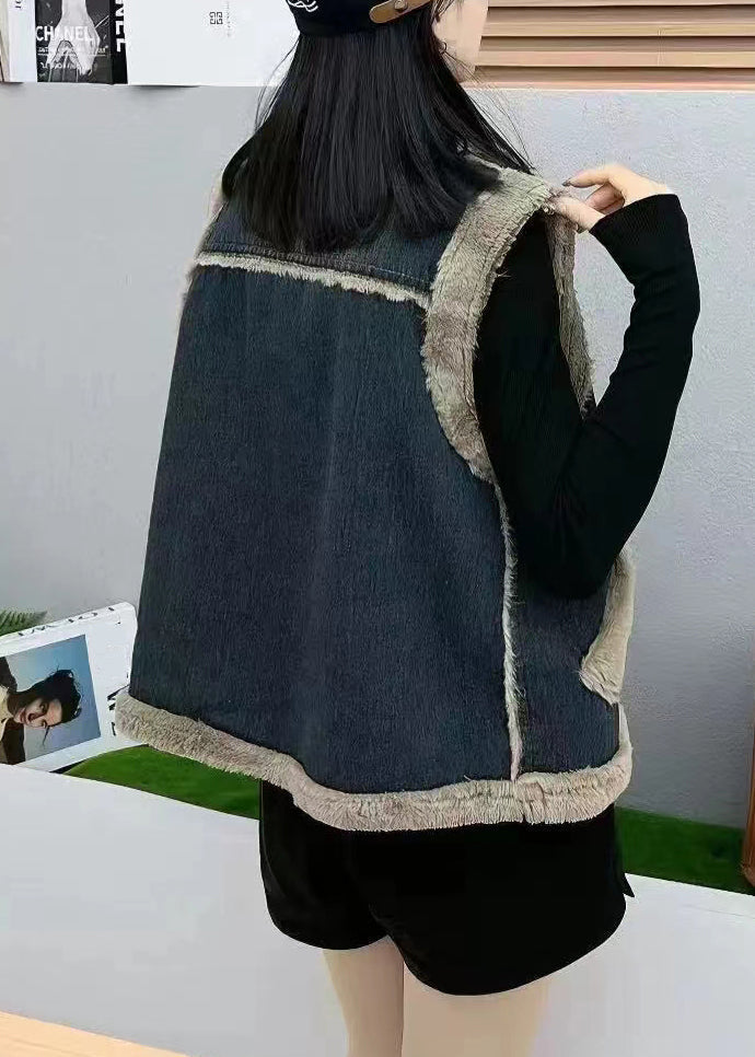 Navy Button Pockets Patchwork Thick Denim Waistcoat Sleeveless