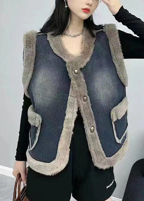 Navy Button Pockets Patchwork Thick Denim Waistcoat Sleeveless